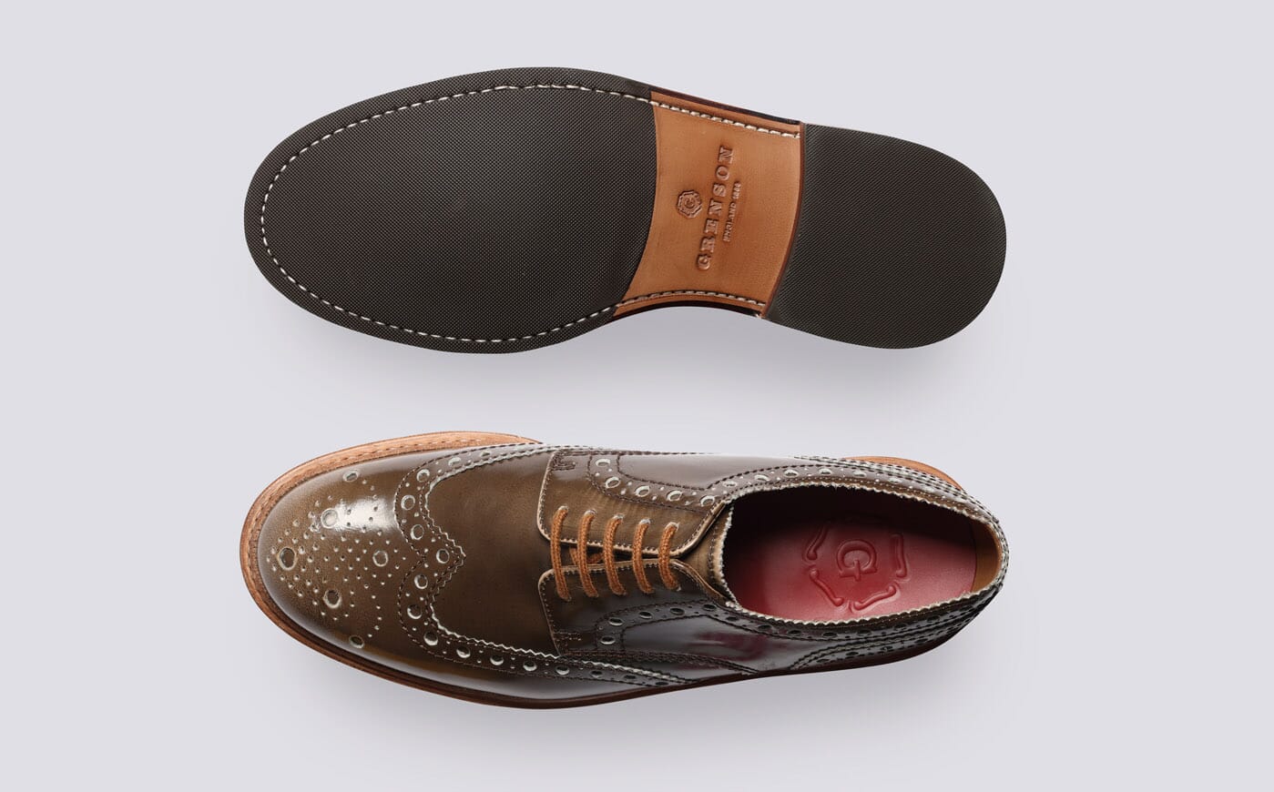 Archie | Mens Brogues in Taupe Rub Off Leather. Goodyear Welted