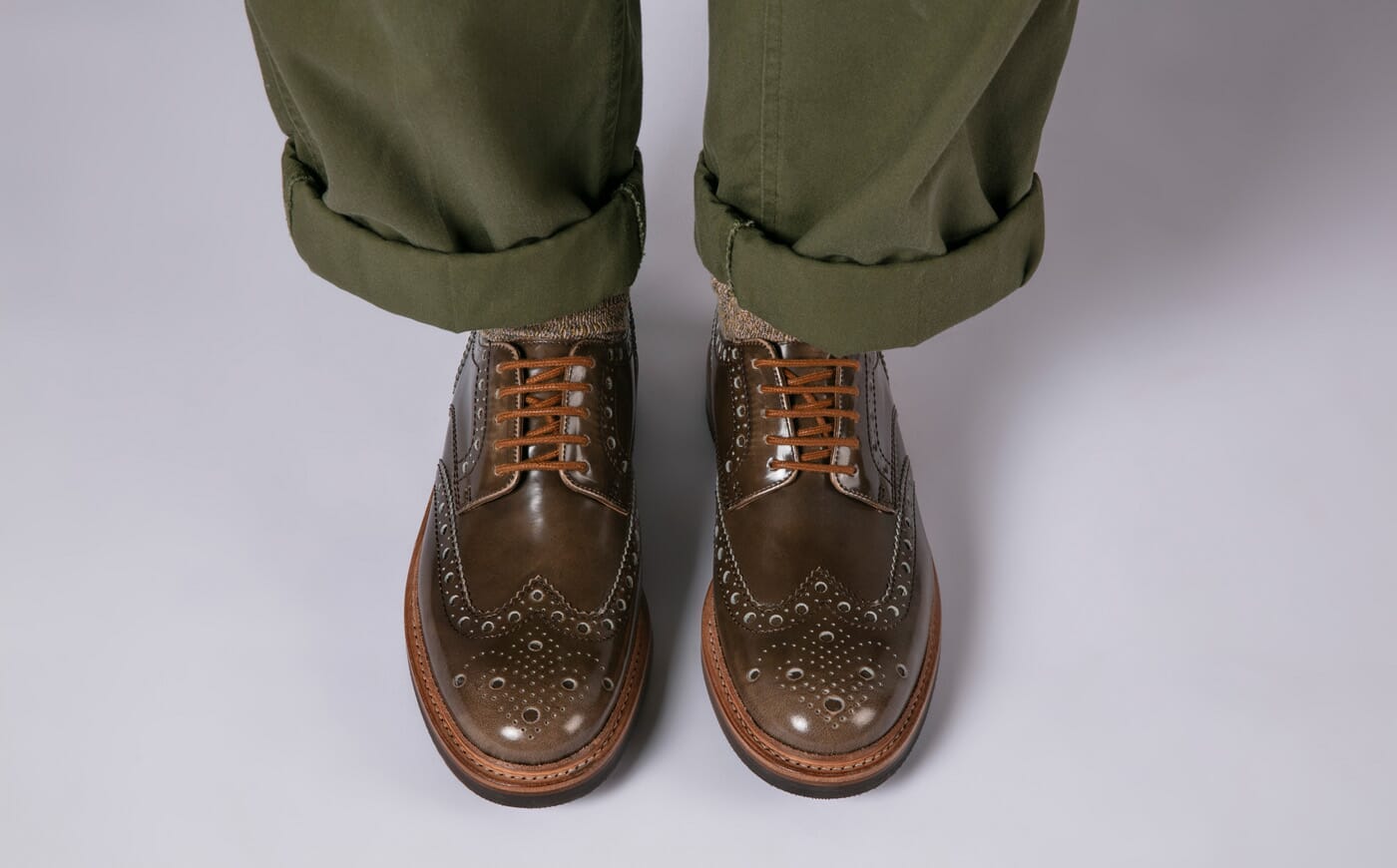 Archie | Mens Brogues in Taupe Rub Off Leather. Goodyear Welted