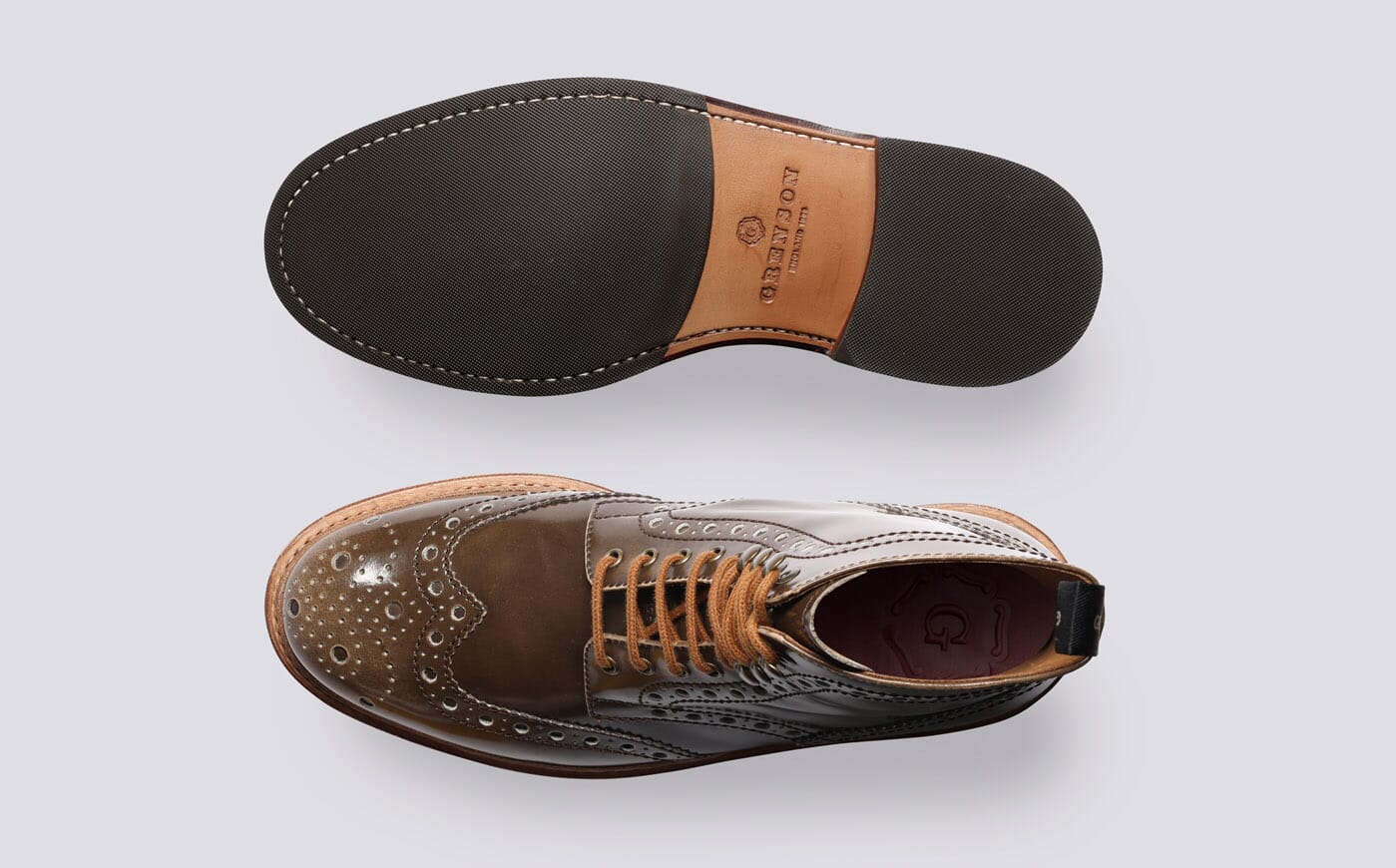 Fred | Mens Brogue Boots in Taupe Rub Off Leather. Goodyear Welted 