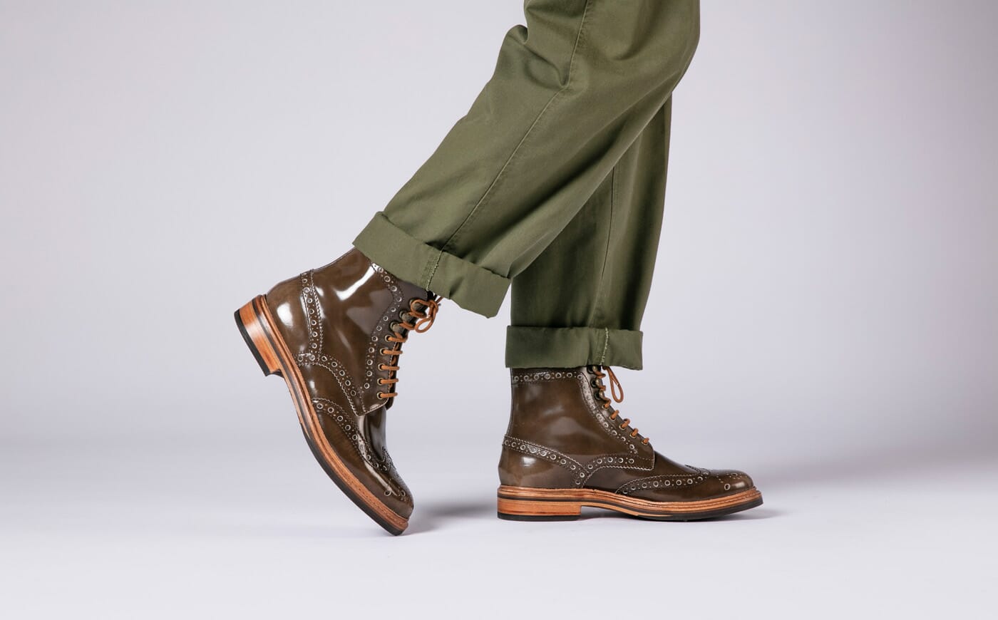 Fred | Mens Brogue Boots in Taupe Rub Off Leather. Goodyear Welted