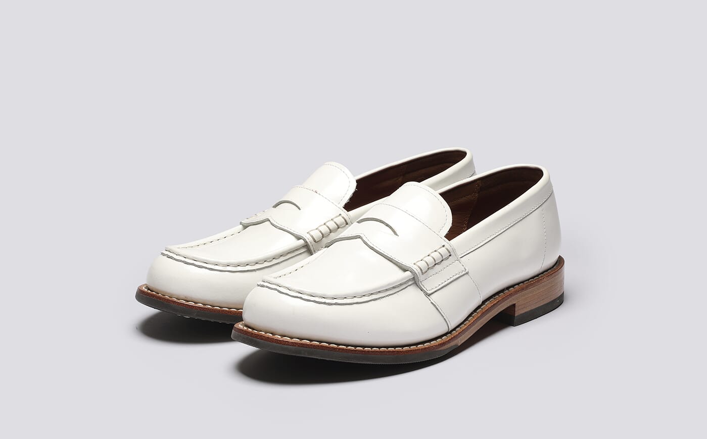 Natalie | Womens Loafers in White Gloss Leather. Goodyear Welted