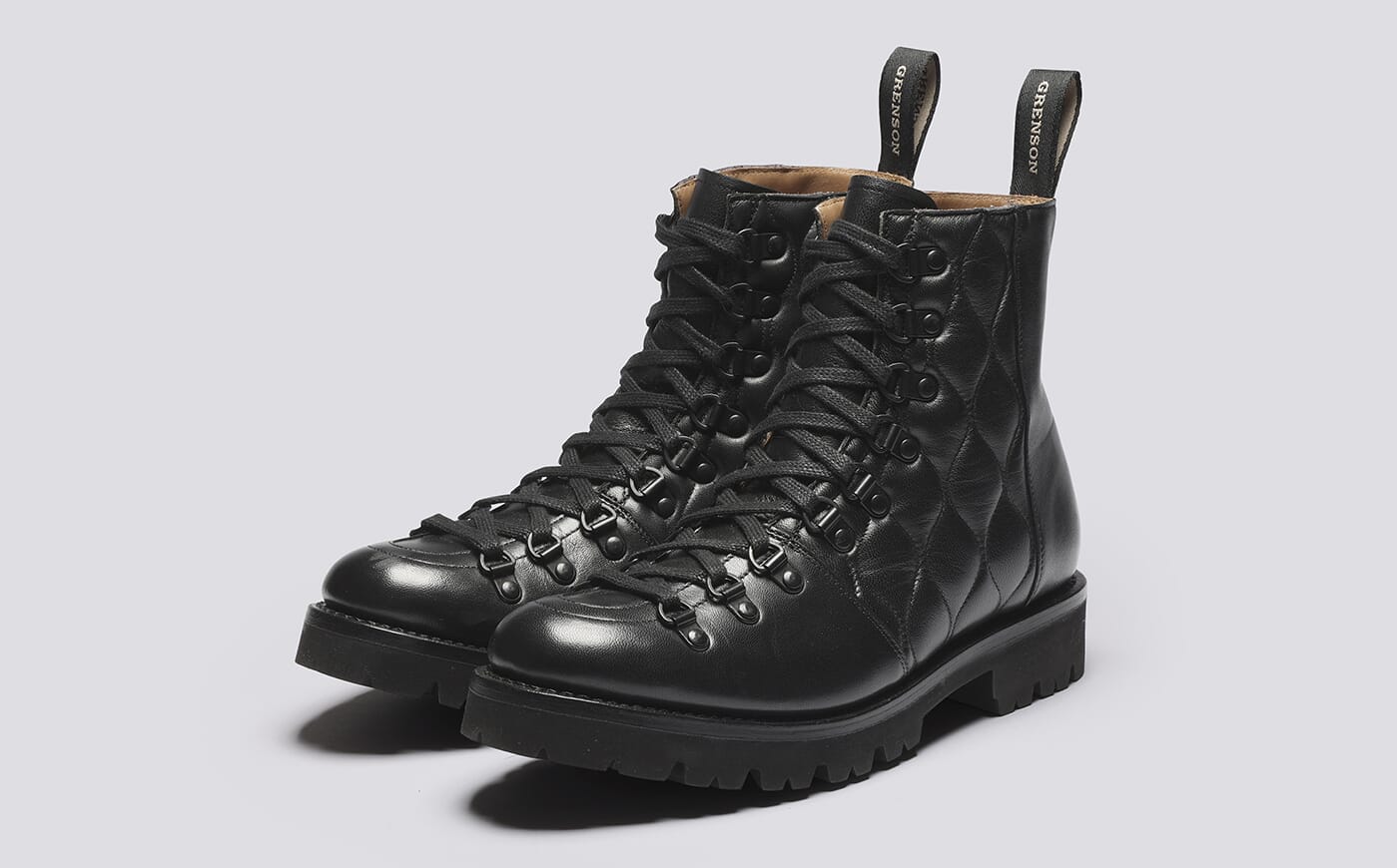Nanette | Womens Hiker Boots in Black Quilted Leather on Commando