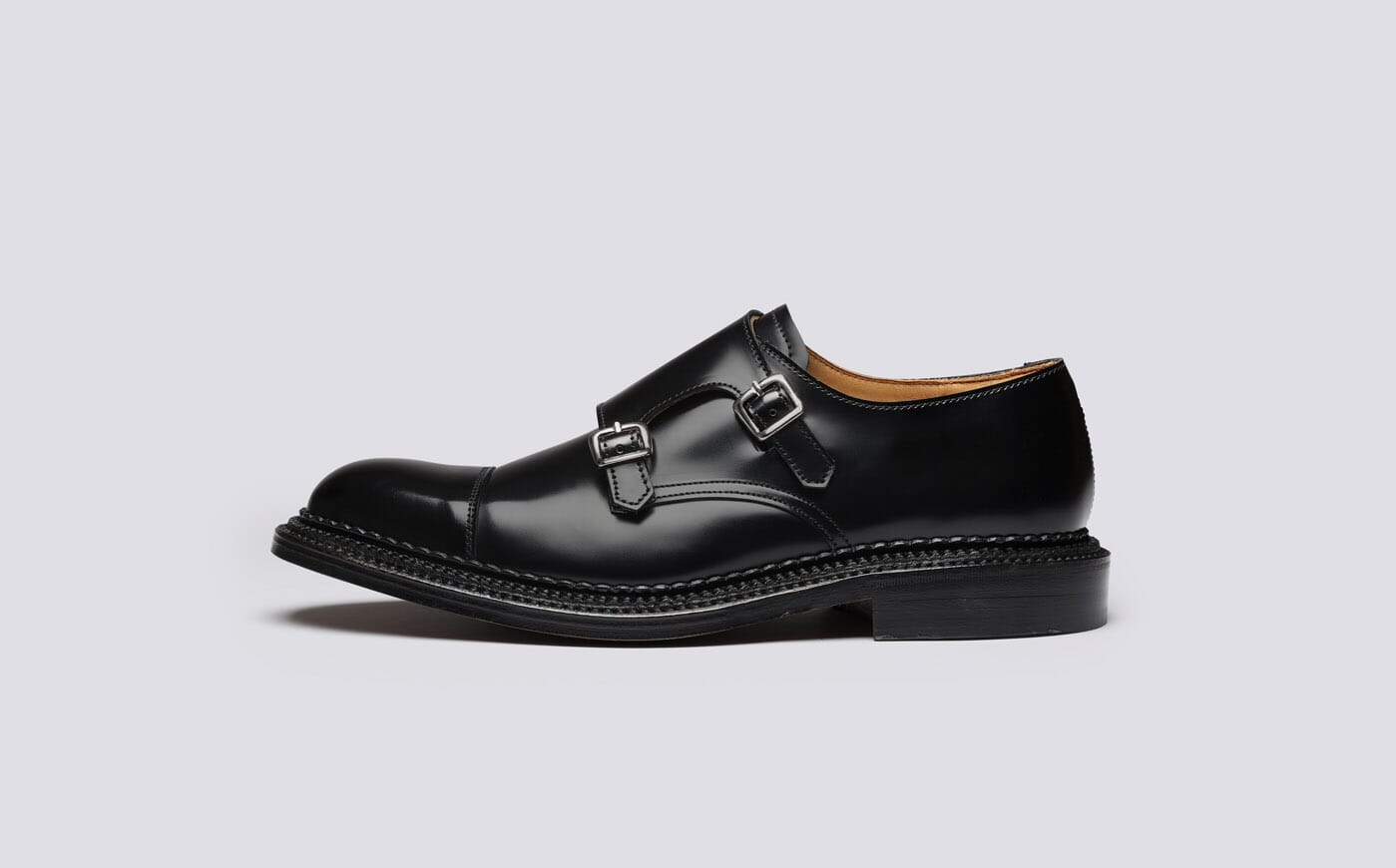 Hanbury Mens Monk Shoes in Black Leather Grenson