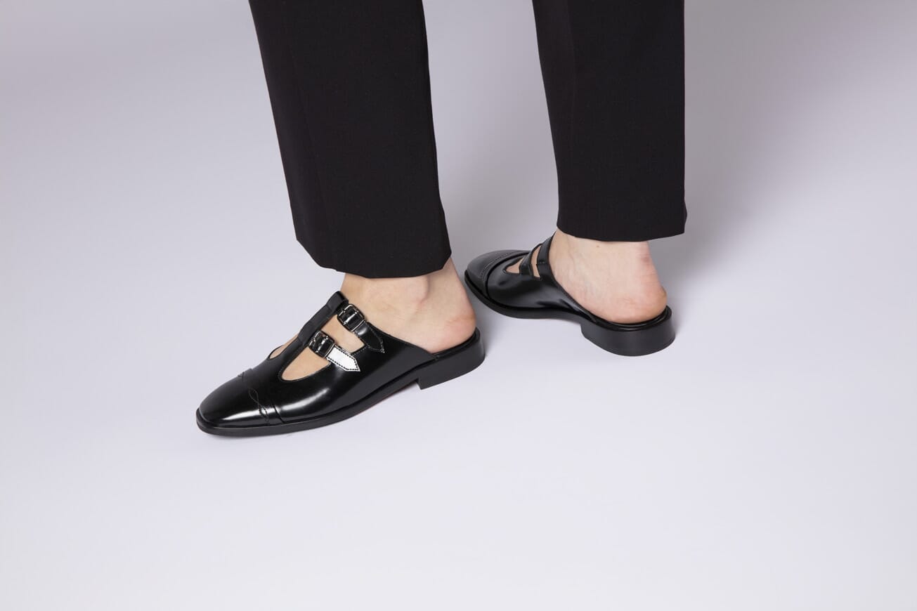 GRENSON／2428／７M／Style6160/296 Wren | Women's Leather Mule in Glossy Black Leather on Leather